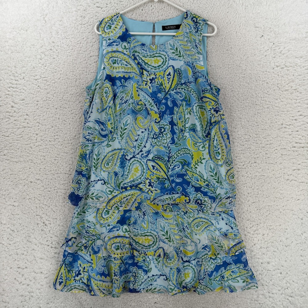 Lauren Ralph Lauren Dress Womens 16 Blue Paisley Sleeveless Ruffle Hem Shift